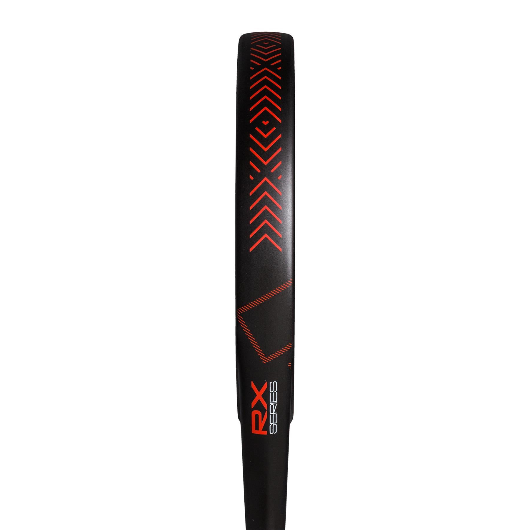 Close-up of the adidas RX Series Red 3.4 Padel Racket, featuring a black frame with red geometric patterns and "ADIDAS RX SERIES" on the side. Designed for intermediates, it boasts chevrons, lines for a sleek look, and a matte finish.