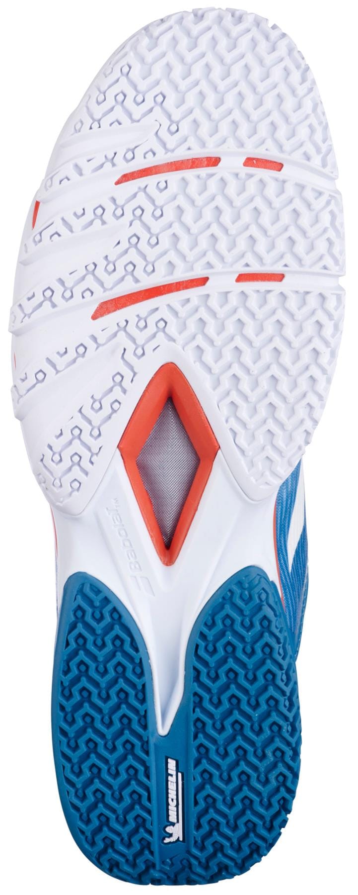 Close-up of the Babolat Premura 3 Mens Padel Shoes - Seaport sole, showing a blue heel, white herringbone forefoot, orange accents, and a mesh window at the arch. Brand: Babolat.