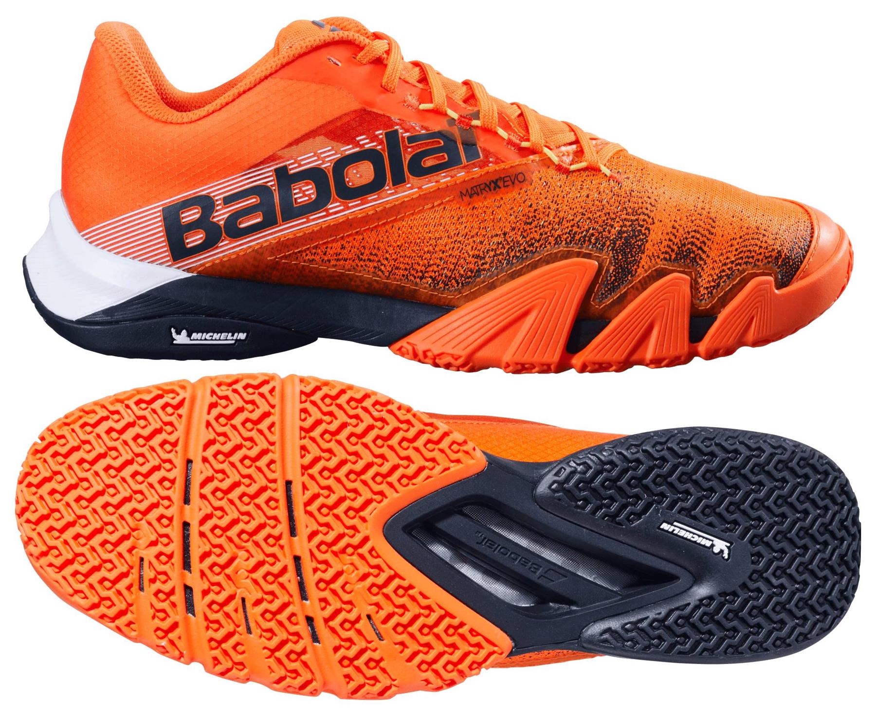 The Babolat Jet Premura 2 Men's Padel Shoes in vibrant orange feature a Michelin rubber textured sole, a contrasting white back, and a black-detailed orange upper enhanced with Matryx technology for optimal performance.