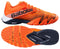 The Babolat Jet Premura 2 Men's Padel Shoes in vibrant orange feature a Michelin rubber textured sole, a contrasting white back, and a black-detailed orange upper enhanced with Matryx technology for optimal performance.
