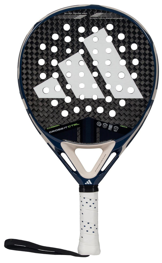 The ADIDAS Cross It Carbon CTRL Padel Racket in black and blue features a geometric logo for control and precision. Made from Carbon 6K, it offers a thick handle with a comfortable grip and wrist strap.