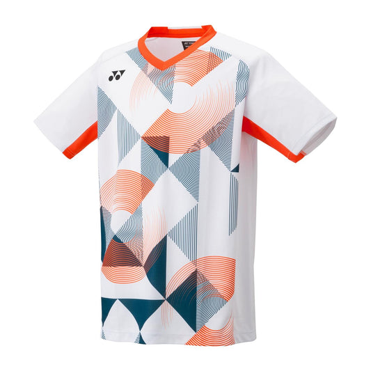 The Yonex 10576 Crew Neck Men's Padel T-Shirt in white showcases VeryCool Dry technology. It features an abstract geometric design with navy blue and orange patterns, including concentric circles and triangular shapes. Stylish orange accents highlight the collar and sleeve edges, adding a fashionable touch to the shirt.