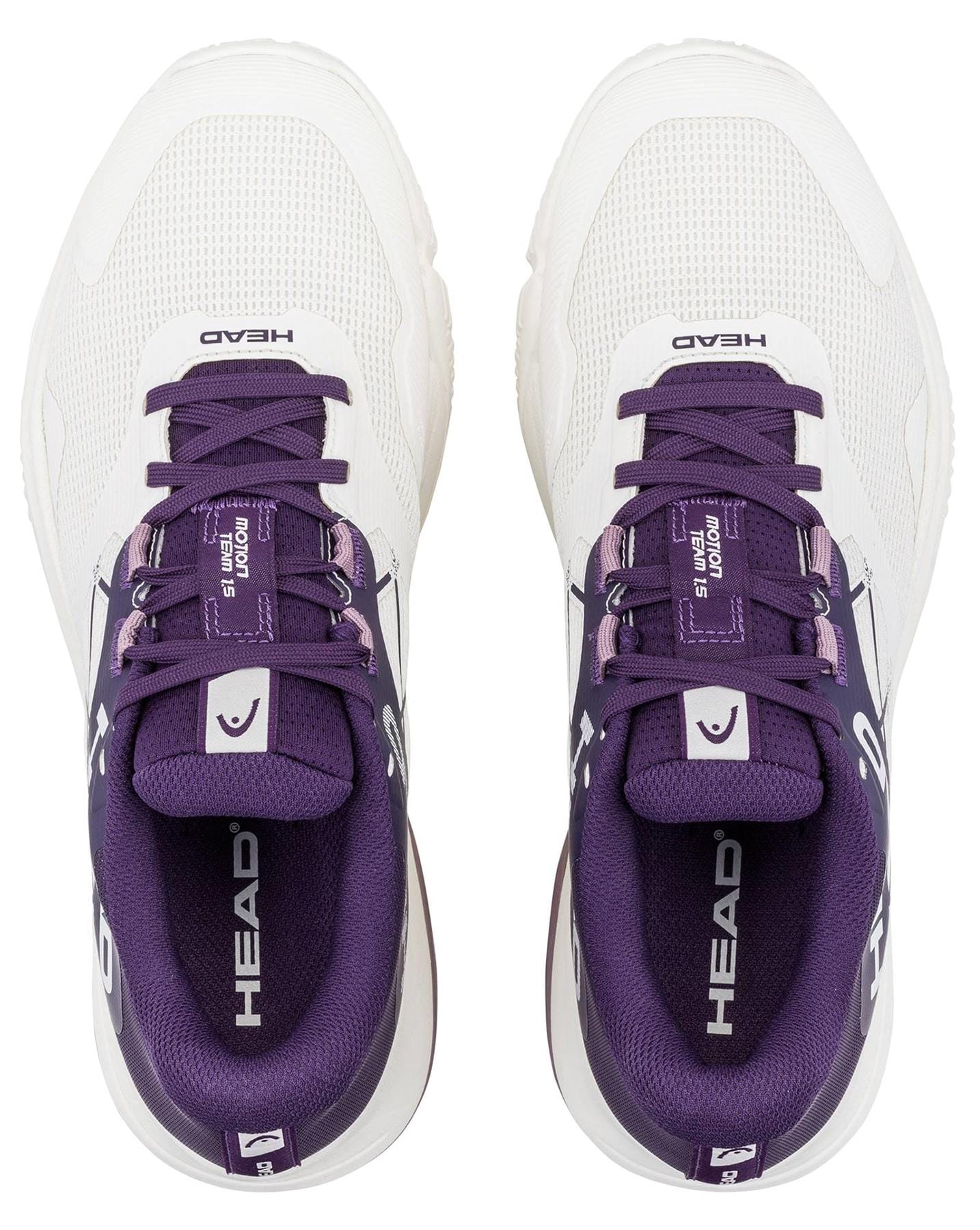 A pair of HEAD Motion Team 1.5 Womens Padel Shoes in Chalk White/Purple, seen from above with purple laces and lining. The HEAD logo is visible on the tongue and insole—ideal court shoes for padel players.