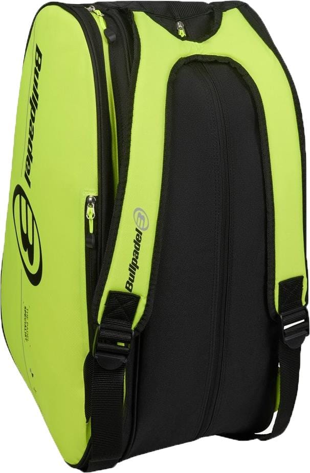 The Bullpadel BPP26015 Tour 2026 Padel Racket Bag - Yellow is a large black and neon yellow sports backpack with multiple compartments, zippered pockets, a thermal racket section, and padded shoulder straps, shown upright on a white background.