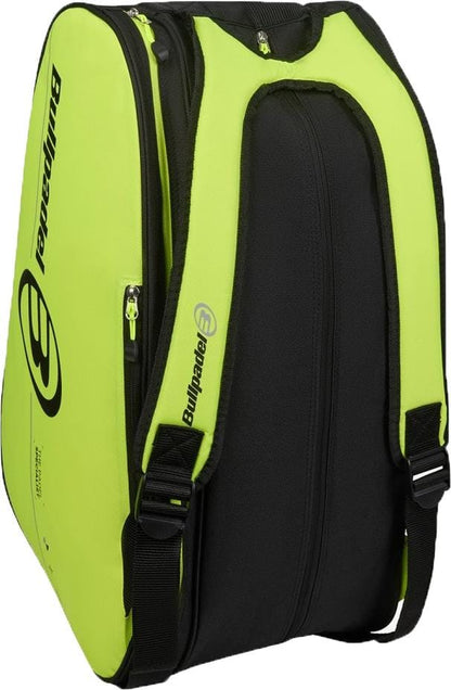 The Bullpadel BPP26015 Tour 2026 Padel Racket Bag - Yellow is a large black and neon yellow sports backpack with multiple compartments, zippered pockets, a thermal racket section, and padded shoulder straps, shown upright on a white background.