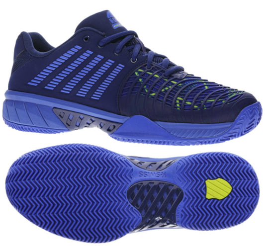 A close-up of the K-Swiss Express Light 3 HB Men's Padel Shoe in Dazzling Blue, Estate Blue, and Evening Primrose, engineered for outstanding performance on indoor courts with its DuraWrap Flex technology.