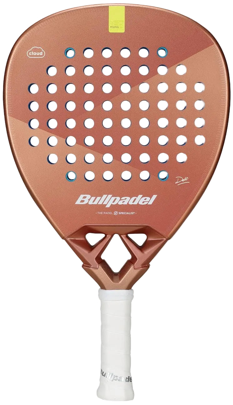 The Bullpadel Vertex 05 W Cloud 2026 padel racket features a brown face with circular perforations, a white grip, and Bullpadel logos. This comfortable racket is shown against a plain light background.