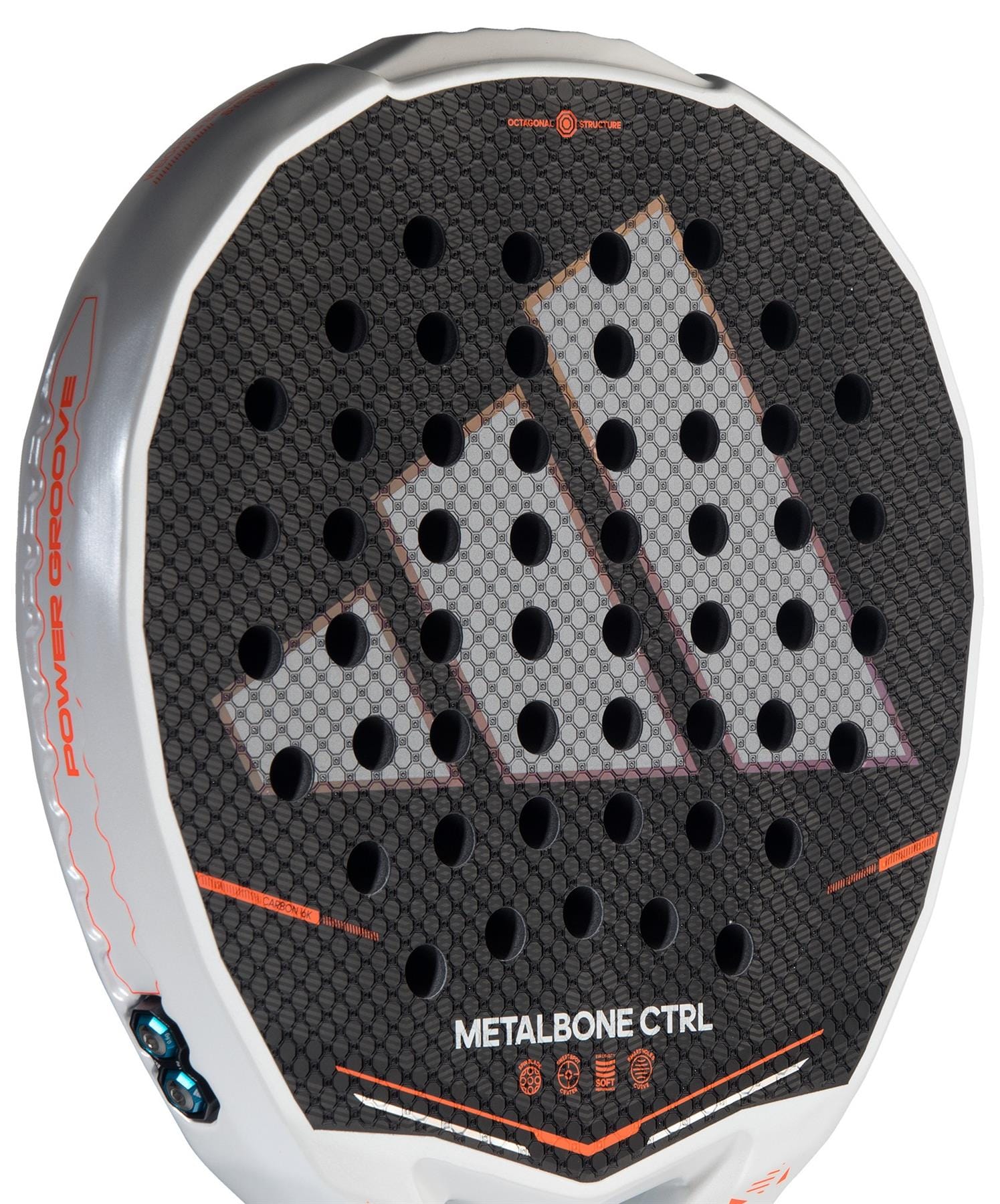 Close-up of the adidas Metalbone Ctrl 2026 Padel Racket - Black showing a honeycomb pattern, circular holes, and gray adidas logo. The black frame with orange highlights features an adjustable weight system for personalized play.