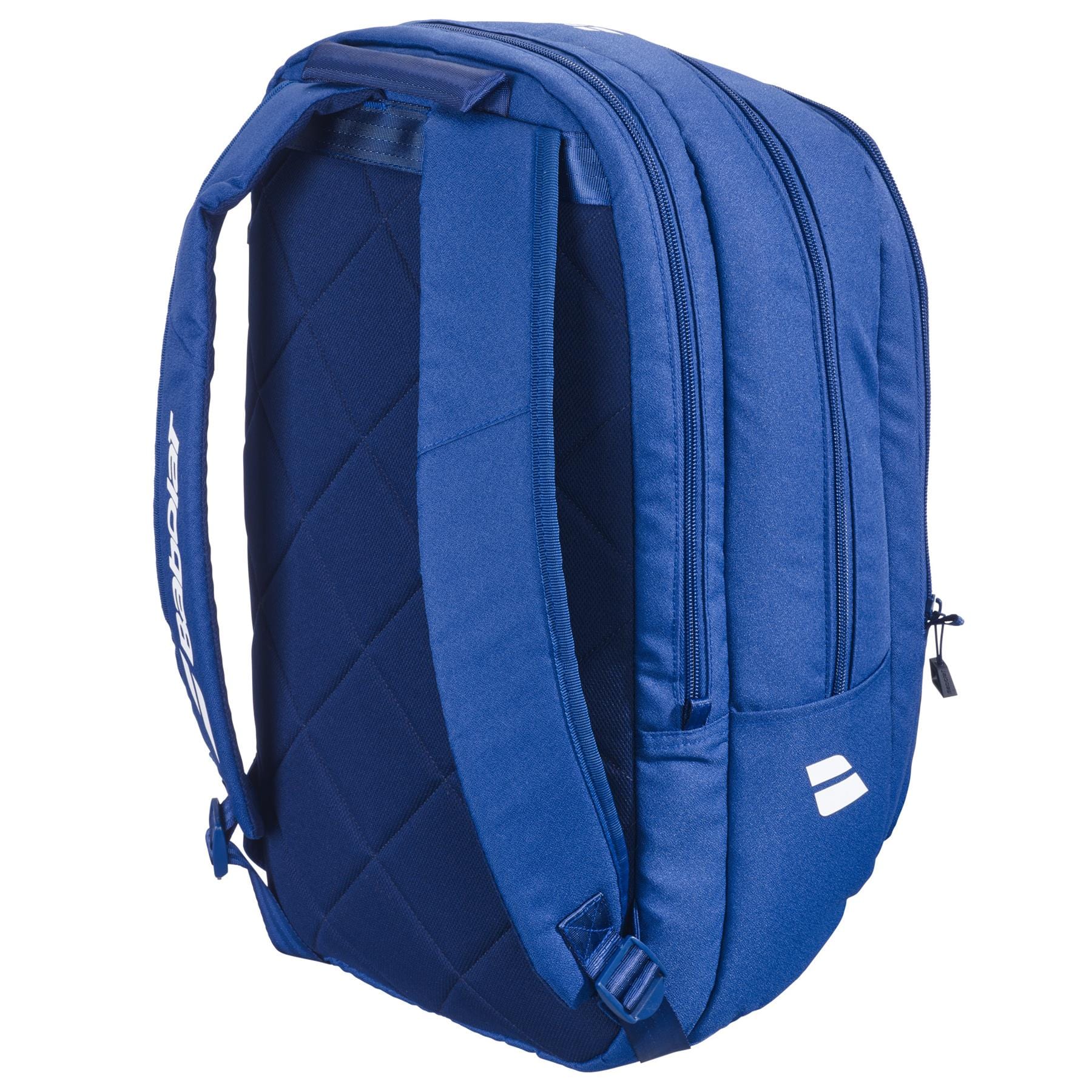 The Babolat Court Hero Padel Backpack in dark blue features padded straps and back, is made from recycled PET, has two main zippered compartments, and sports a small white Babolat logo on the lower front corner.