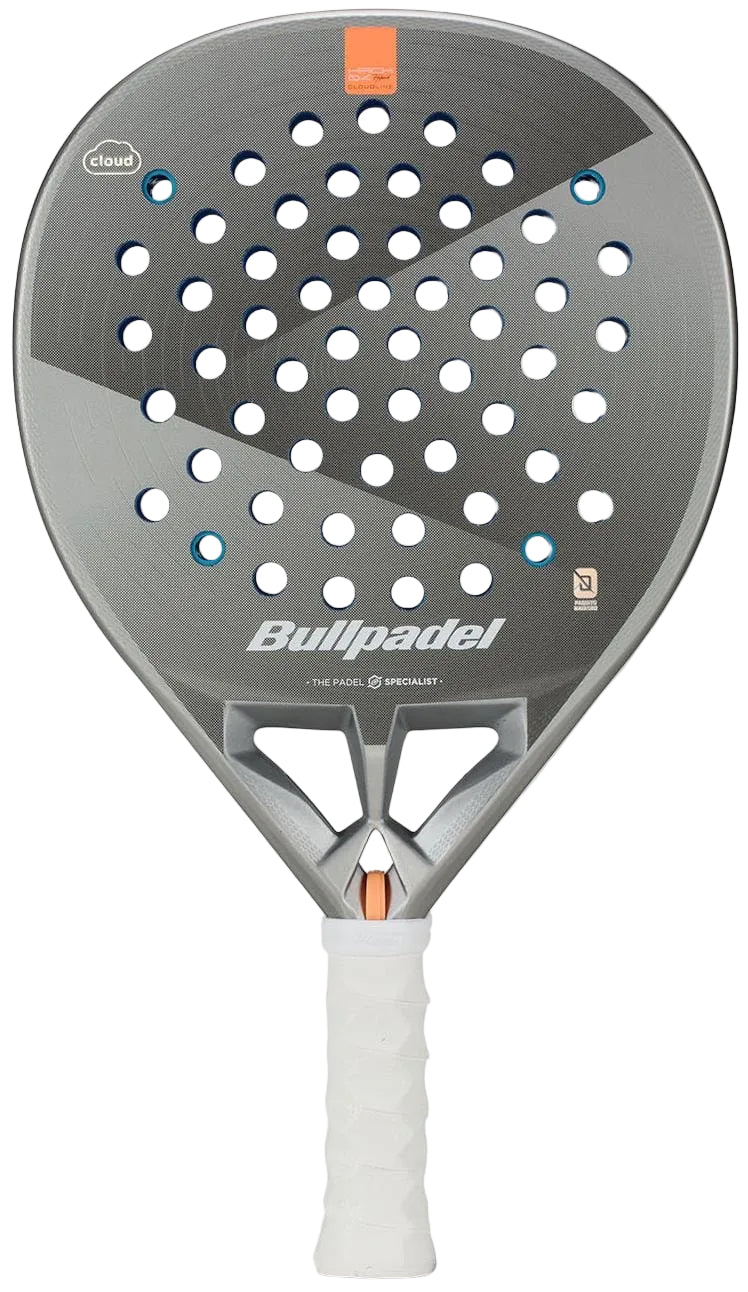 The Bullpadel Hack 04 Hybrid Cloud 2026 padel racket by Bullpadel features a gray hybrid shape, white textured grip, circular perforations on the face, and a bold diagonal line design across the surface.