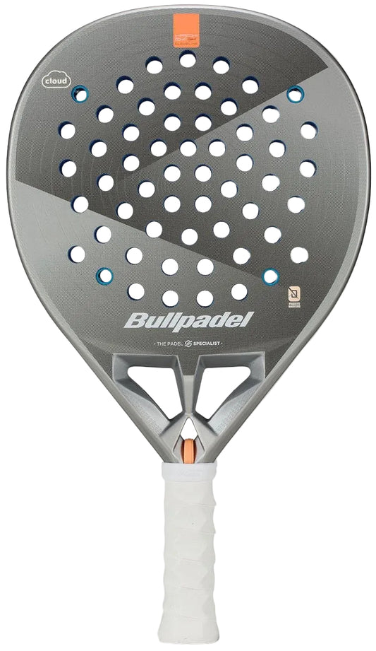 The Bullpadel Hack 04 Hybrid Cloud 2026 padel racket by Bullpadel features a gray hybrid shape, white textured grip, circular perforations on the face, and a bold diagonal line design across the surface.