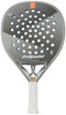 The Bullpadel Hack 04 Hybrid Cloud 2026 padel racket by Bullpadel features a gray hybrid shape, white textured grip, circular perforations on the face, and a bold diagonal line design across the surface.