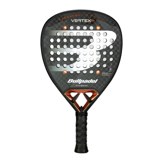 The Bullpadel Vertex 04 2025 padel racket, featuring a striking black and copper design, is engineered with a diamond shape, perforated face, and textured surface for improved control. Its handle is wrapped in black grip tape to ensure high performance on the court.