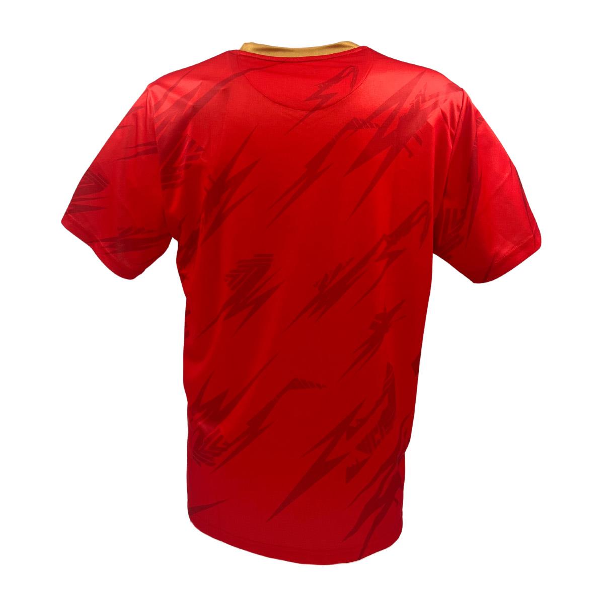 The Yonex YTM8 Men's Padel T-Shirt features a red, short-sleeved design with darker red lightning bolt patterns, crafted from moisture-wicking polyester for comfort. It has a gold-trimmed neckline and is displayed on a plain white background, combining style and functionality.