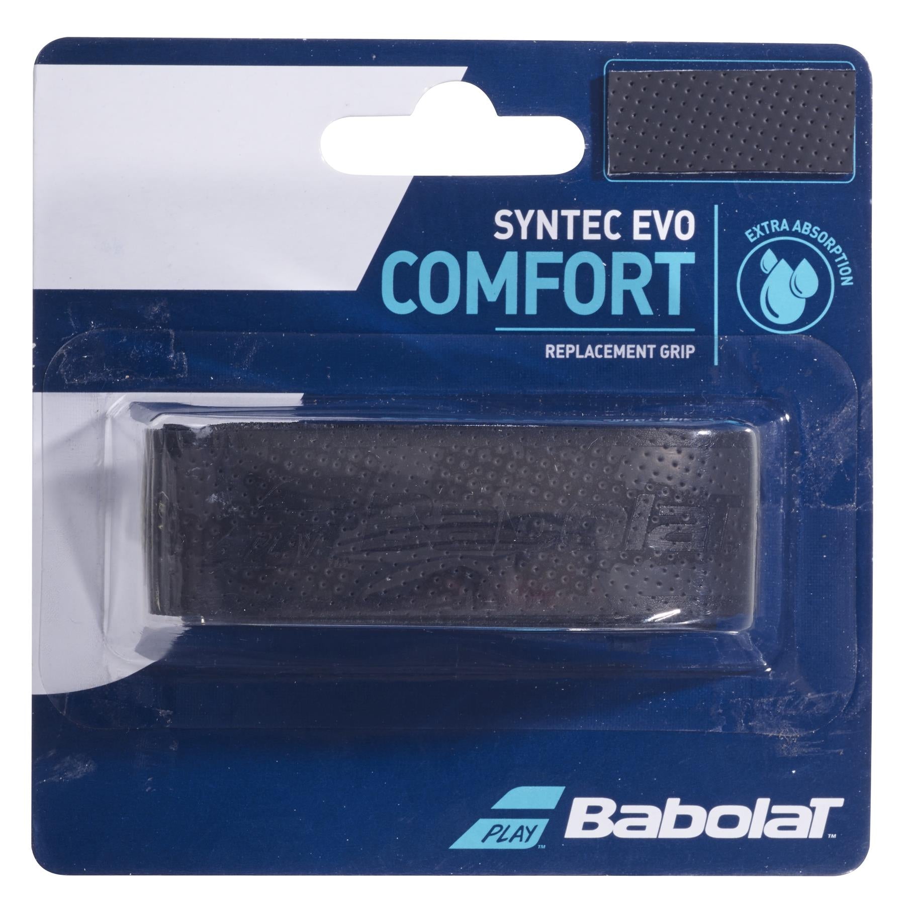 The Babolat Syntec Evo X1 Replacement Padel Grip comes in a packaging displaying a blue and white design. The black textured grip is enclosed in a clear plastic case, with text emphasizing "extra moisture absorption" and "comfort.