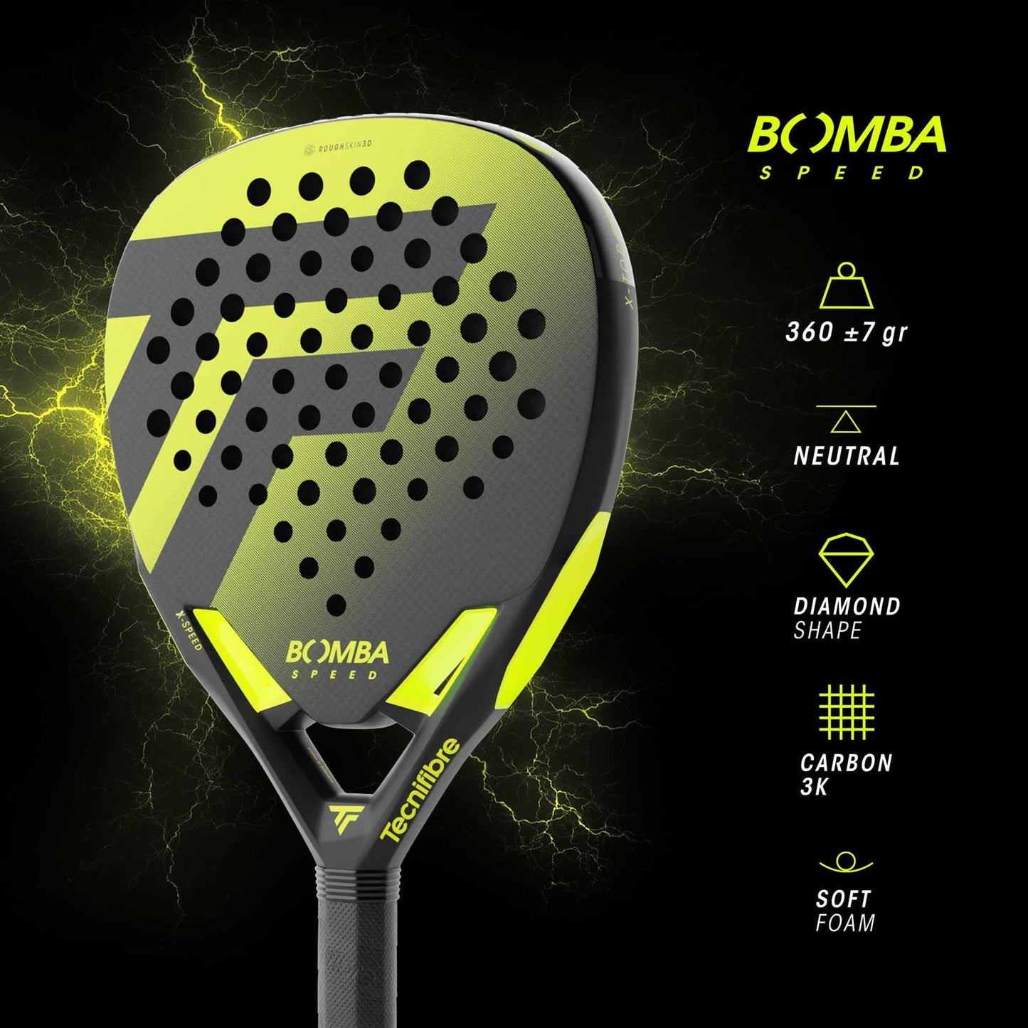 The Tecnifibre Bomba Speed Padel Racket by Tecnifibre is a black and yellow, diamond-shaped offensive racket with lightning effects, 360±7g weight, neutral balance, carbon 3K frame, and soft foam for powerful yet comfortable play.