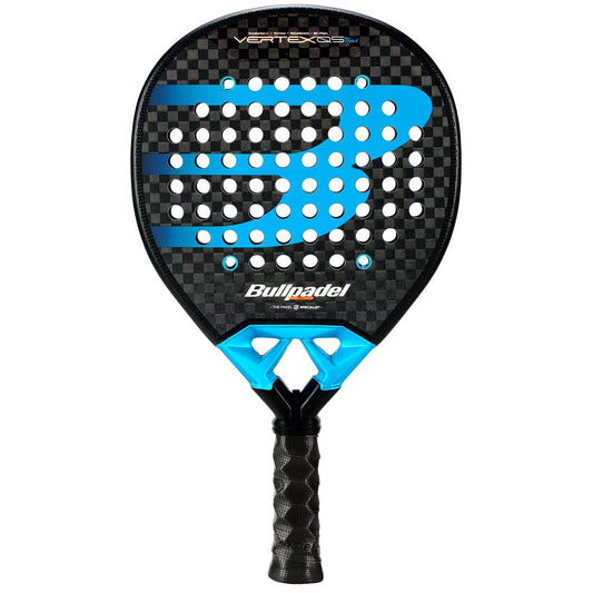 The Bullpadel Vertex 05 Hybrid 2026 Padel Racket in black and blue features a hybrid shape, textured face with large perforated holes, black grip, and a bold blue Bullpadel logo for standout style.