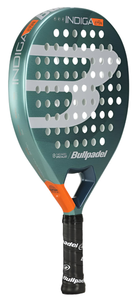 The Bullpadel Indiga Ctr 2025 Padel Racket in green features an eye-catching design. The Bullpadel brand name adorns the handle and face, and its ultralight construction with a unique perforated surface makes it ideal for players seeking agility on the court.