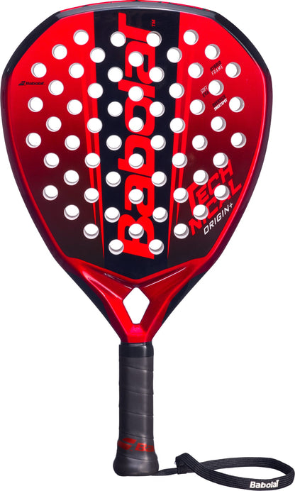 A Babolat Technical Origin + 2026 Padel Racket, featuring a red and black diamond-shaped design with a perforated face, black grip, and attached wrist strap, is displayed against a white background.