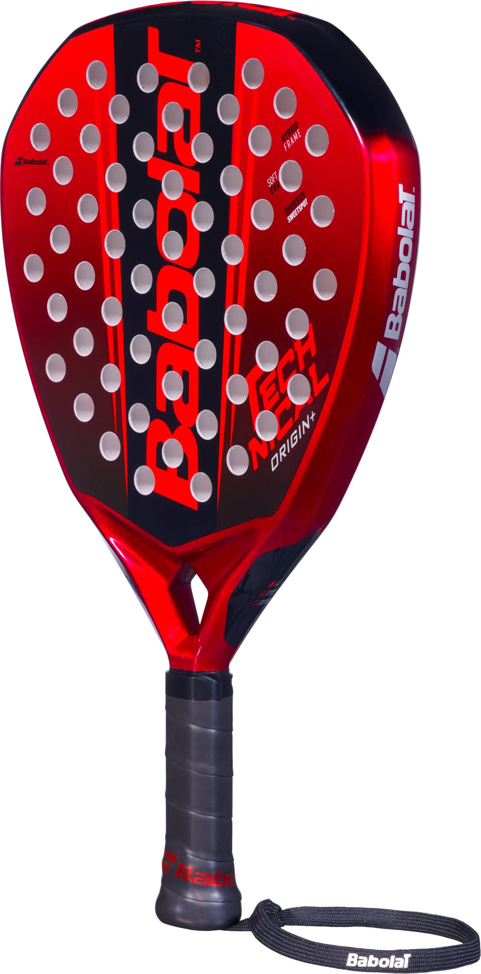The Babolat Technical Origin + 2026 Padel Racket by Babolat features a striking red and black design with a teardrop-shaped silhouette, perforated holes, and a black handle complete with a wrist strap. Constructed from fibreglass, this padel racket showcases the words "TECHNICAL" and "ORIGIN" printed on its face for an eye-catching finish.