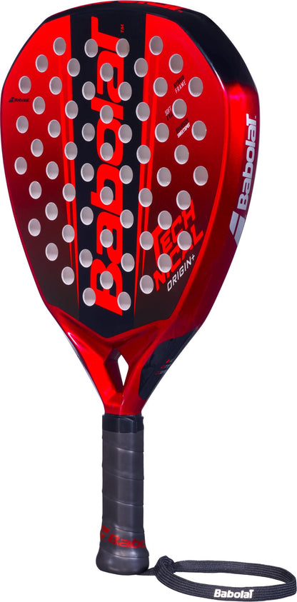 The Babolat Technical Origin + 2026 Padel Racket by Babolat features a striking red and black design with a teardrop-shaped silhouette, perforated holes, and a black handle complete with a wrist strap. Constructed from fibreglass, this padel racket showcases the words "TECHNICAL" and "ORIGIN" printed on its face for an eye-catching finish.