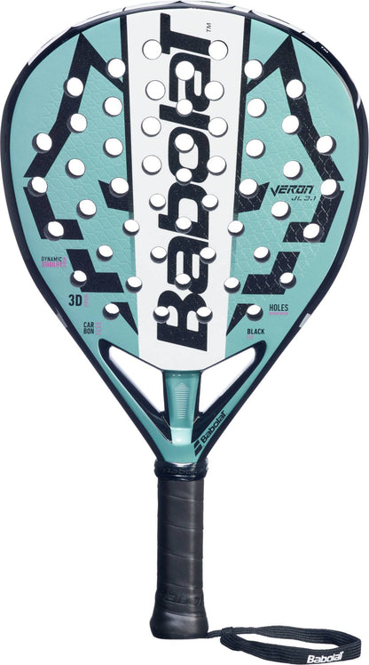 The Babolat Veron Juan Lebron 3.1 Padel Racket features a teal and black design with Carbon Flex, white accents, circular holes, 3D Spin+, plus a black grip and wrist strap.