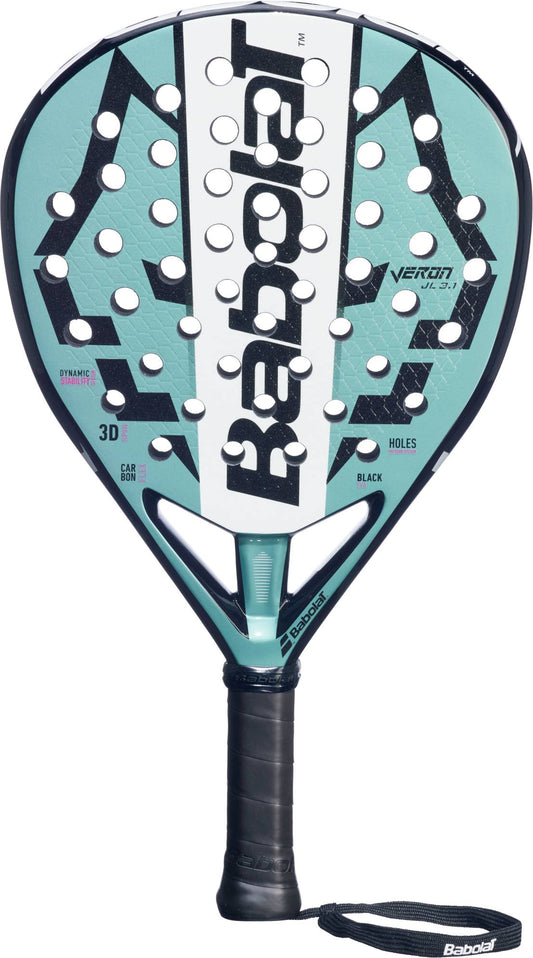 The Babolat Veron Juan Lebron 3.1 Padel Racket features a teal and black design with Carbon Flex, white accents, circular holes, 3D Spin+, plus a black grip and wrist strap.