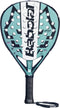 The Babolat Veron Juan Lebron 3.1 Padel Racket features a teal and black design with Carbon Flex, white accents, circular holes, 3D Spin+, plus a black grip and wrist strap.