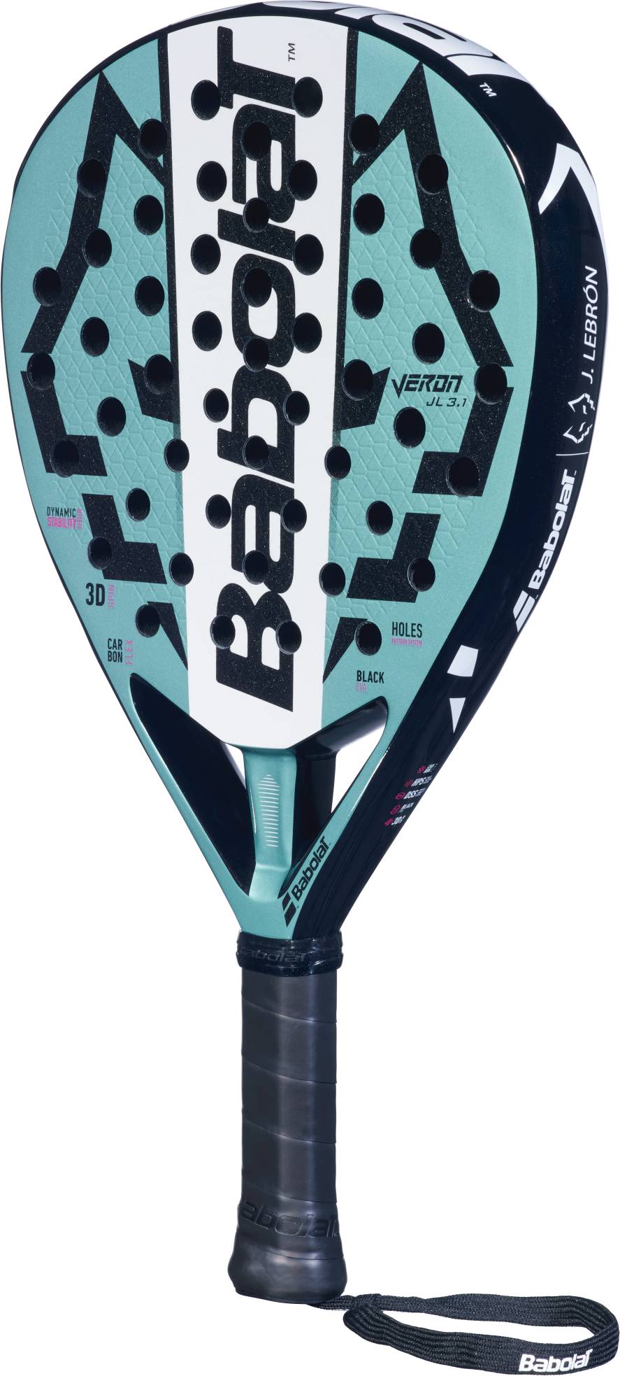 The Babolat Veron Juan Lebron 3.1 Padel Racket features a teal and black design, Carbon Flex technology, 3D Spin+ textured surface, multiple holes, and a black grip handle.