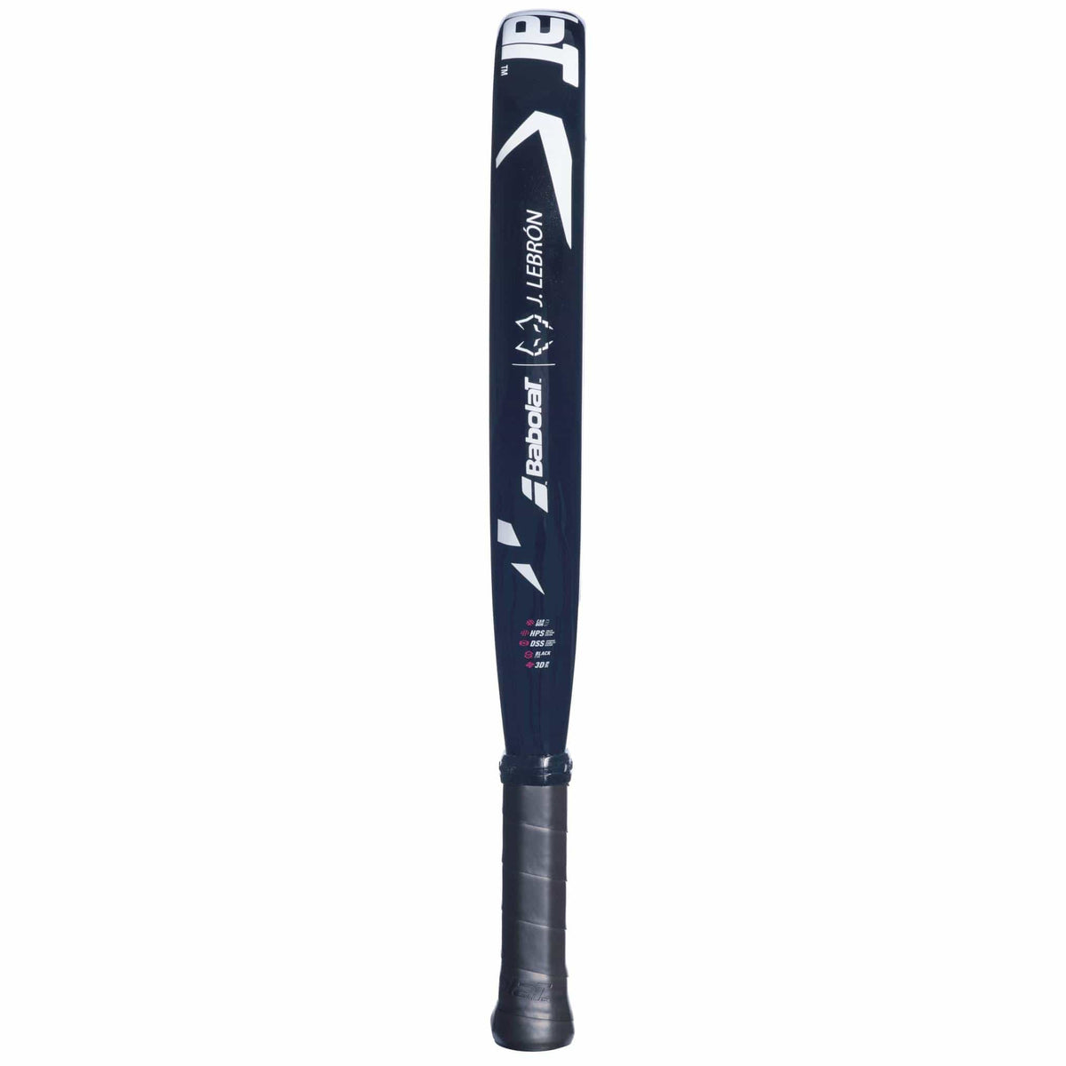 A black and white Babolat Veron Juan Lebron 3.1 Padel Racket by Babolat, with Carbon Flex, 3D Spin+, “J. LEBRON” branding, and geometric design, shown upright on a white background.