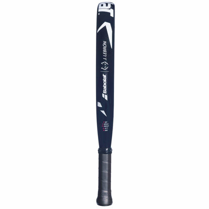 A black and white Babolat Veron Juan Lebron 3.1 Padel Racket by Babolat, with Carbon Flex, 3D Spin+, “J. LEBRON” branding, and geometric design, shown upright on a white background.
