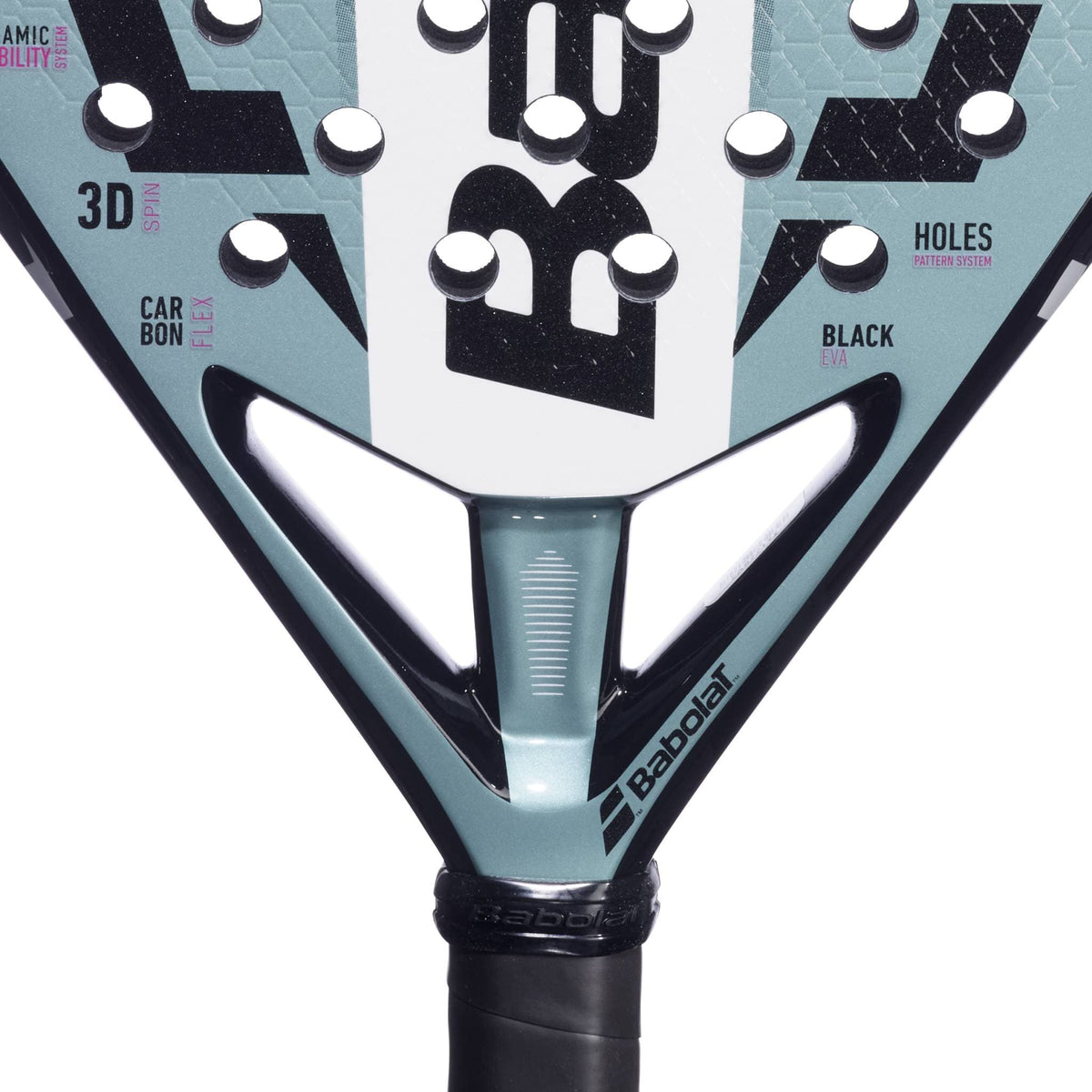 Close-up of a Babolat Veron Juan Lebron 3.1 Padel Racket throat, showcasing the logo, 3D Spin+ texture, Carbon Flex construction, and small holes for better playability.