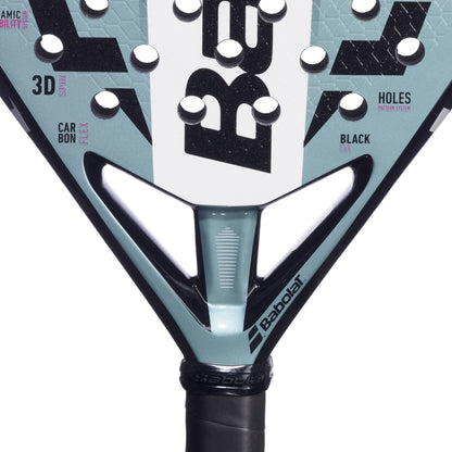 Close-up of a Babolat Veron Juan Lebron 3.1 Padel Racket throat, showcasing the logo, 3D Spin+ texture, Carbon Flex construction, and small holes for better playability.