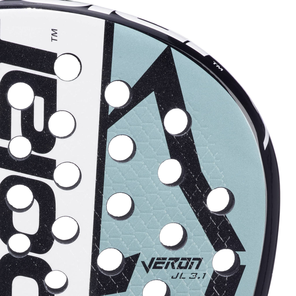 Close-up of the Babolat Veron Juan Lebron 3.1 Padel Racket with a Carbon Flex surface, black edge, light blue and white design, geometric black patterns, circular holes, and “VERON JL 3.1” near the lower right.