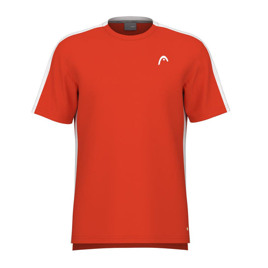 A HEAD Vision Slice Men's Padel T-Shirt in Orange Alert with short sleeves features a small white logo on the upper left chest and white stripes along the shoulders and sleeves, crafted from HEAD Sportswear MXM's advanced Moisture Transfer Microfiber for optimal comfort.