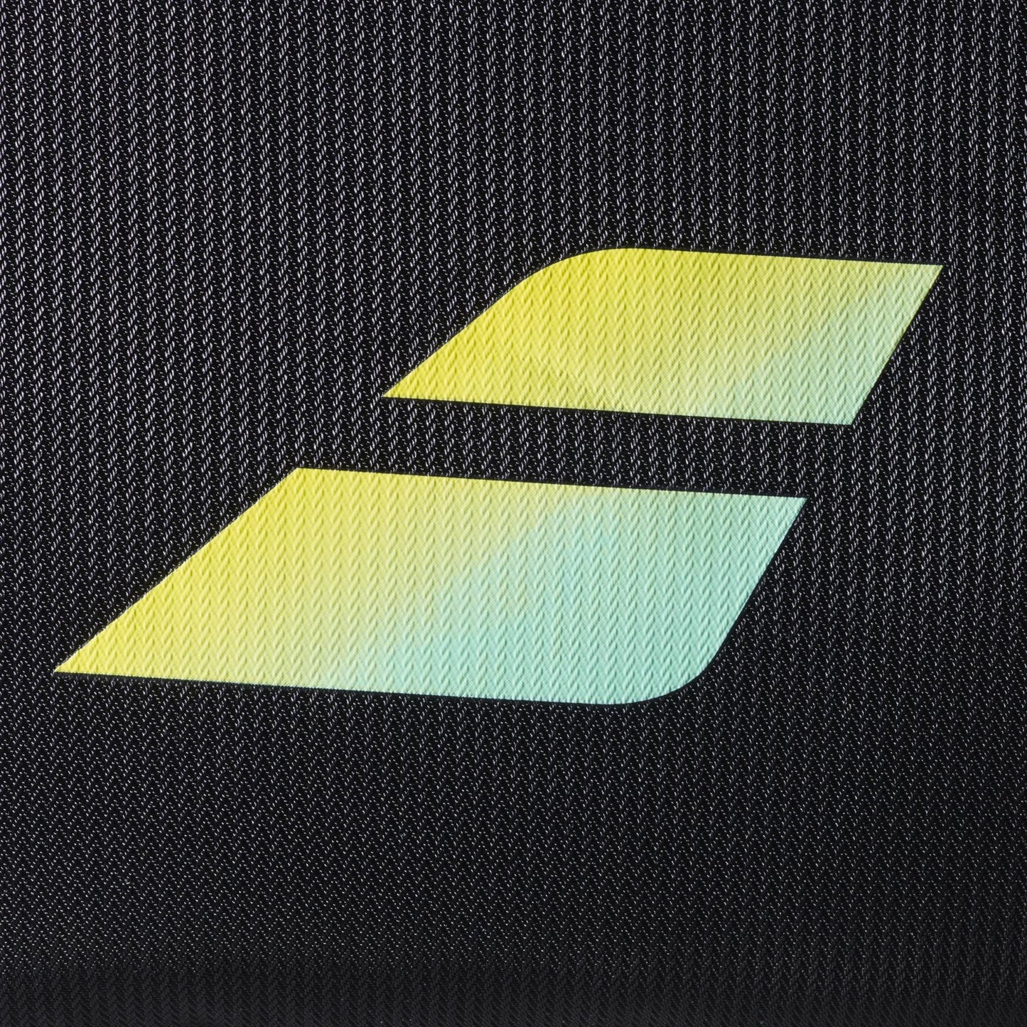 A logo with two parallelograms shaded yellow to blue, stacked diagonally on a textured black background—ideal for the Babolat RH Perf Padel 2nd Gen Backpack - Black / Multi.