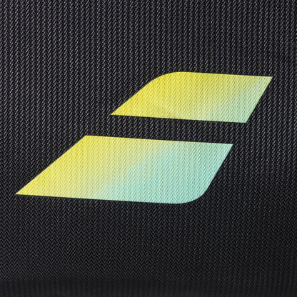 A logo with two parallelograms shaded yellow to blue, stacked diagonally on a textured black background—ideal for the Babolat RH Perf Padel 2nd Gen Backpack - Black / Multi.