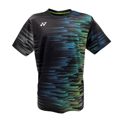 The Yonex YTM7 Men’s Padel T-Shirt - Shadow is made from moisture-wicking polyester and features a dotted gradient in blue and green tones on black, with a subtle graphic logo on the left chest.