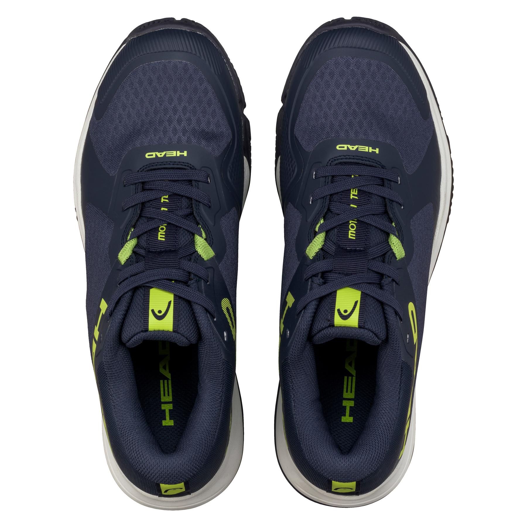 The HEAD Motion Team Men's Padel Shoes in navy and lime boast top views with green accents, featuring "HEAD" on the tongues and a small shield logo. Designed for 360-degree grip and lateral control, they include dark laces, soles, and cushioned inner lining for comfort.