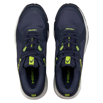 The HEAD Motion Team Men's Padel Shoes in navy and lime boast top views with green accents, featuring "HEAD" on the tongues and a small shield logo. Designed for 360-degree grip and lateral control, they include dark laces, soles, and cushioned inner lining for comfort.