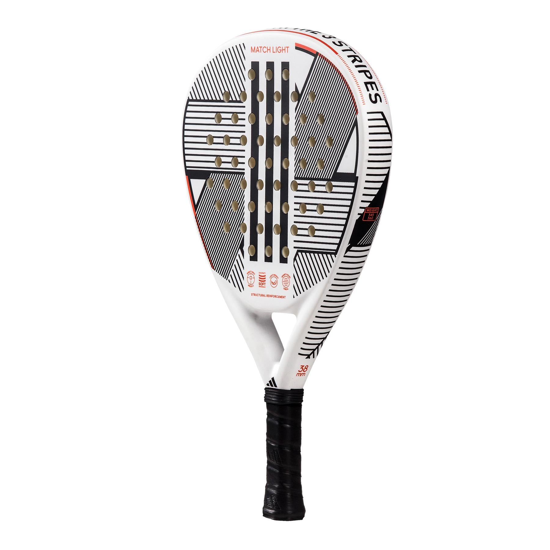 Ideal for beginner players, the ADIDAS Match Light 3.3 Padel Racket by adidas showcases a lightweight design in white, highlighted with black and red accents. The racket's surface is marked with small holes, and the handle is enveloped in black grip tape. The phrase "MATCH LIGHT" is featured at the top.