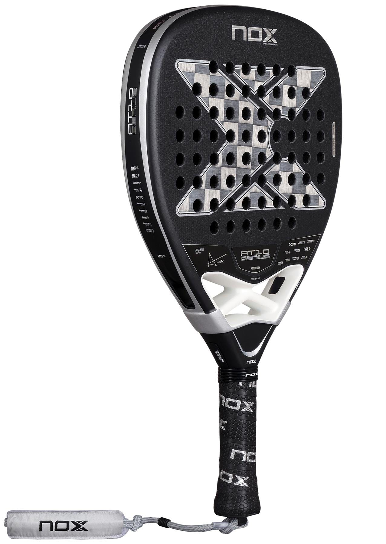 The NOX Luxury AT10 Genius Attack 18K Alum By Agustin Tapia 2026 Padel Racket features a black and silver design, 18K aluminised carbon, large "X" graphic, perforated holes, and a wrapped handle with attached white wrist strap.