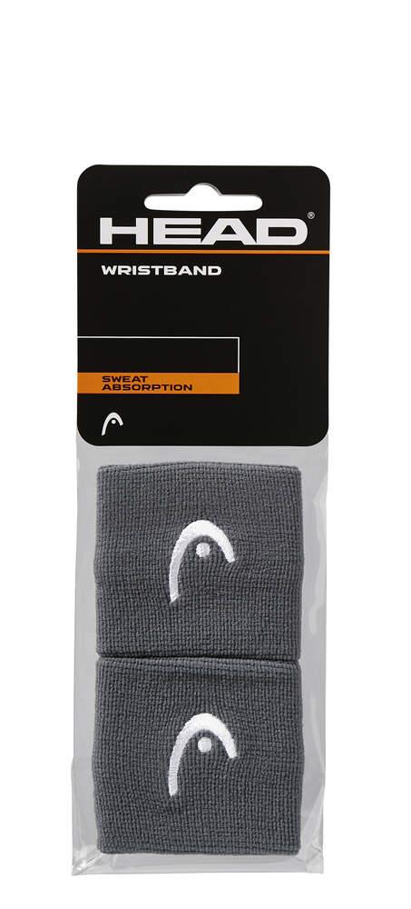 A packaged set of HEAD 2.5" Padel Wristbands in anthracite grey, complete with white logos and elastic properties for an optimal fit. The packaging prominently features "HEAD WRISTBAND" and emphasizes their "Sweat Absorption" ability, making them ideal for sports use.