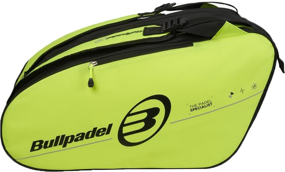 The Bullpadel BPP26015 Tour 2026 Padel Racket Bag in bright yellow features black straps, zippers, “The Padel Specialist” slogan, a large “B” logo, and a thermal racket compartment to protect your gear.
