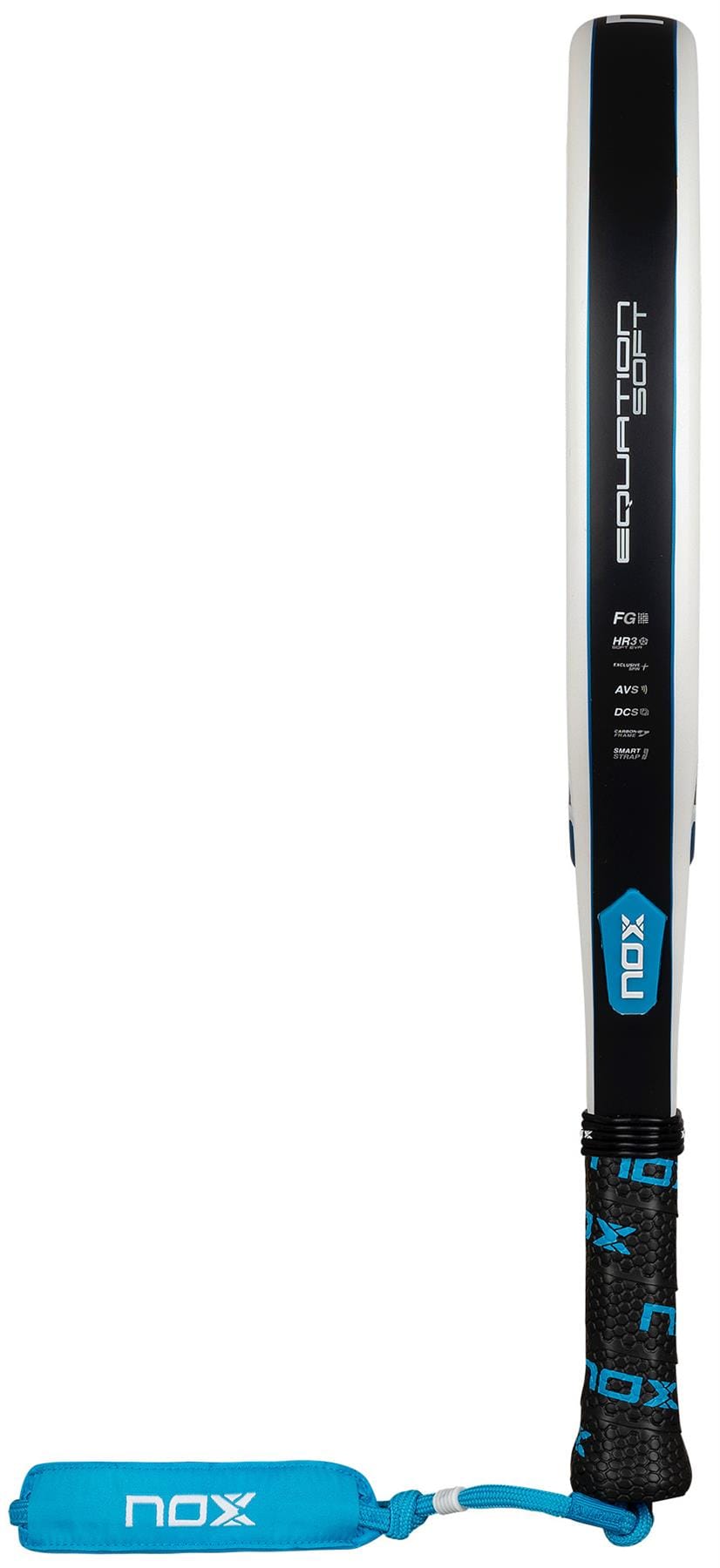 The NOX Equation Soft Advanced 2026 Padel Racket by NOX is black and blue, features "Equation Soft" on the side, an anti-vibration system, and comes with a padded blue wrist strap on the handle.