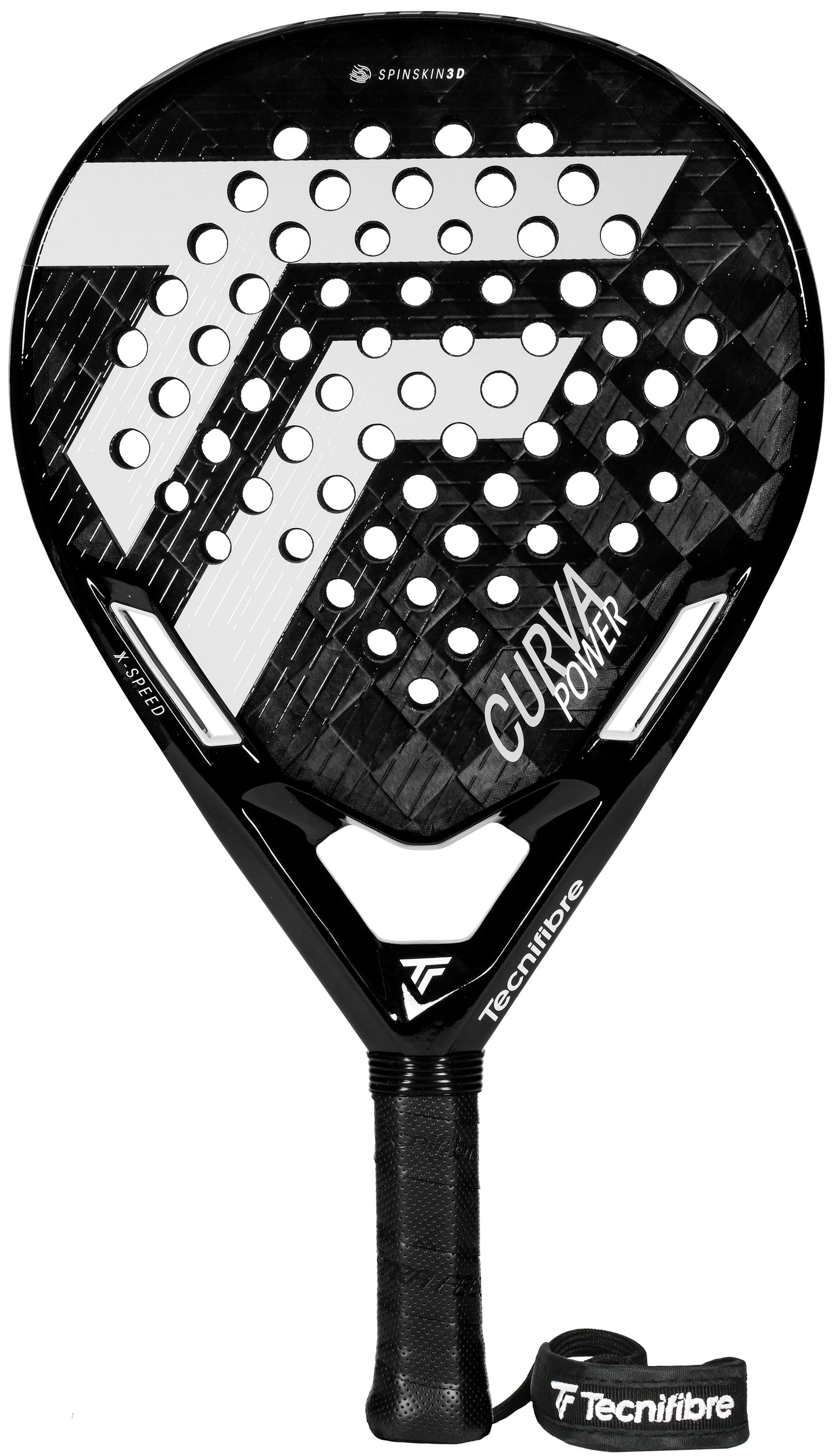 A black and white Tecnifibre Curva Power 2026 Padel Racket from Tecnifibre, featuring a textured 18K carbon surface, precision-drilled perforated holes, a black grip, and an attached wrist strap with the Tecnifibre logo.