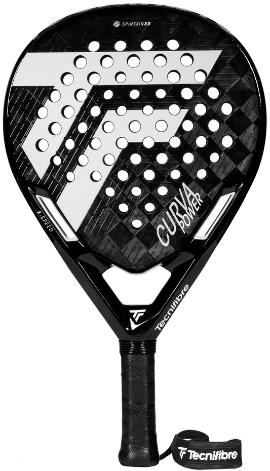 A black and white Tecnifibre Curva Power 2026 Padel Racket from Tecnifibre, featuring a textured 18K carbon surface, precision-drilled perforated holes, a black grip, and an attached wrist strap with the Tecnifibre logo.