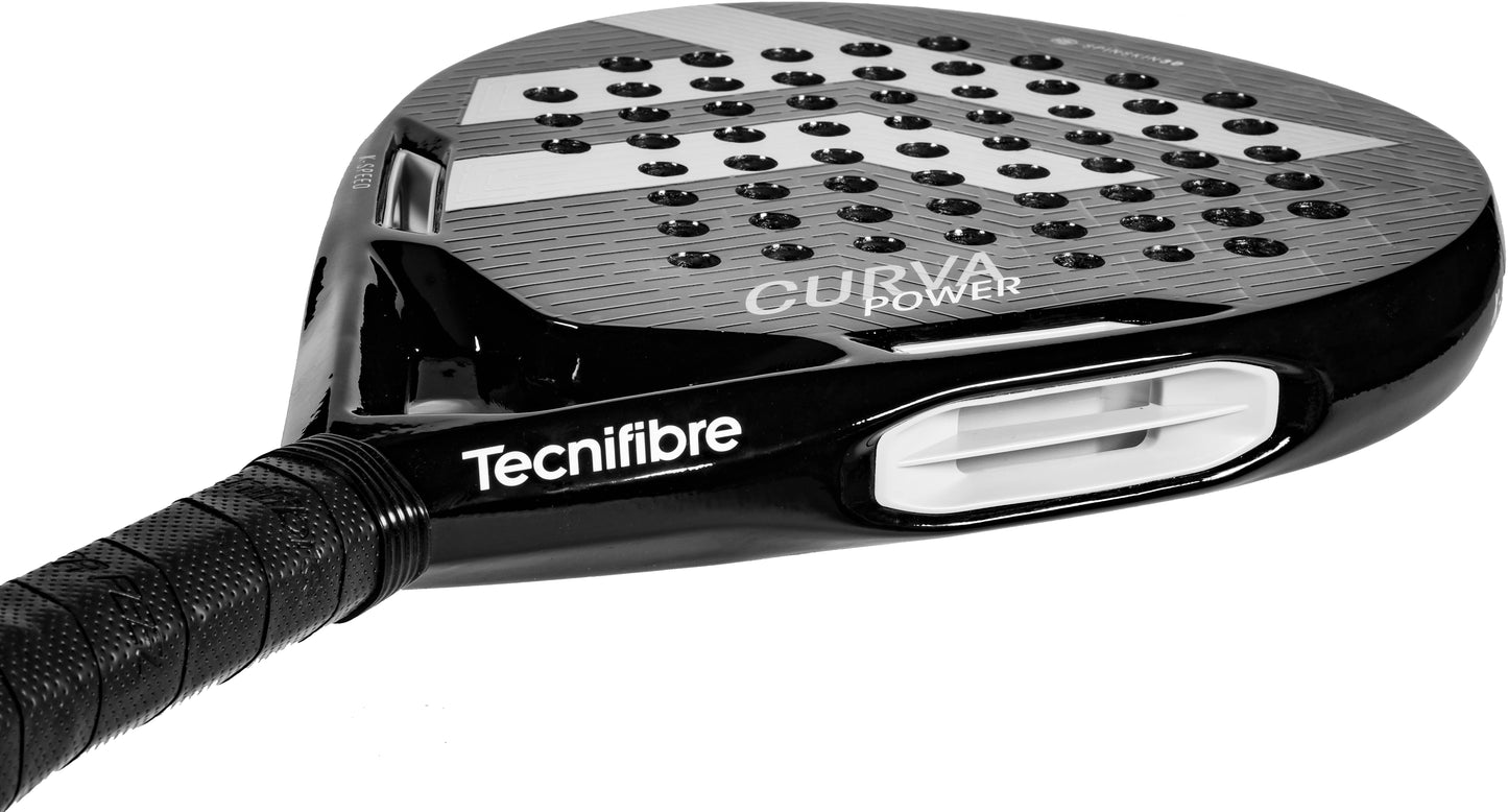 A close-up of the Tecnifibre Curva Power 2026 Padel Racket, featuring its textured 18K carbon surface, perforations, grip, and “CURVA Power” branding.