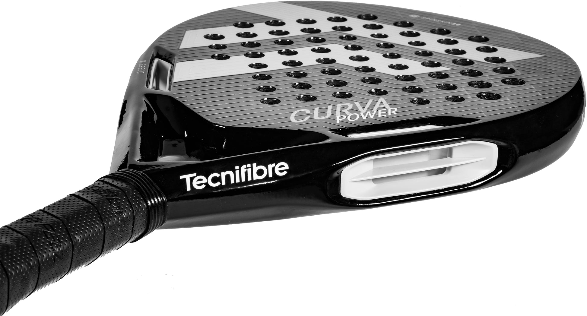 A close-up of the Tecnifibre Curva Power 2026 Padel Racket, featuring its textured 18K carbon surface, perforations, grip, and “CURVA Power” branding.