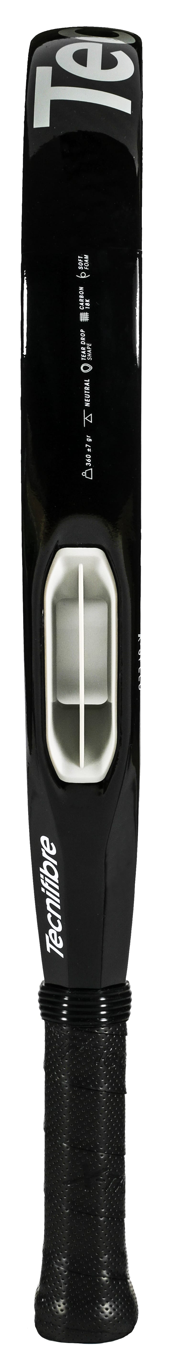 A close-up view of a black baseball or softball bat handle highlights the grip and an end cap with a vented, rectangular opening—evoking the advanced design and innovative 18K carbon construction featured in the Tecnifibre Curva Power 2026 Padel Racket by Tecnifibre.